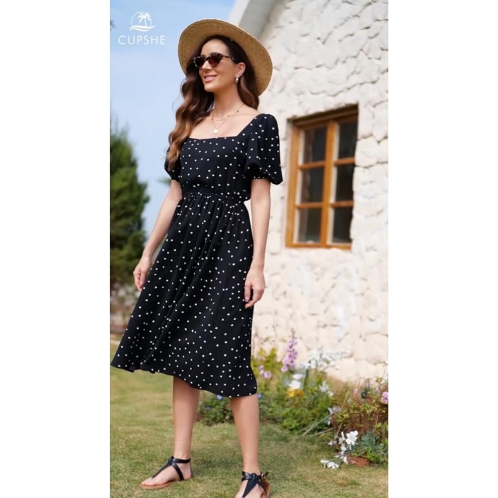 NWT CUPSHE Square Neck Polka Dot Bowknot Backless Dress Mid Calf